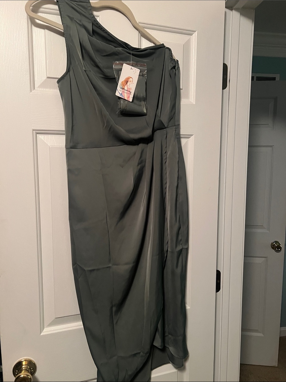 One-Shoulder Olive Green Draped Midi Dress